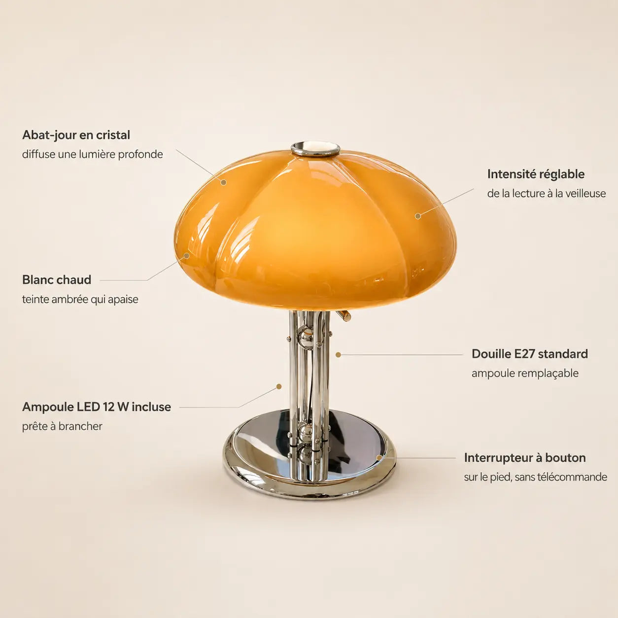 Caractéristiques de la lampe Mycéna : abat-jour cristal, douille E27, ampoule LED 12 W, interrupteur | Cocon de Lune