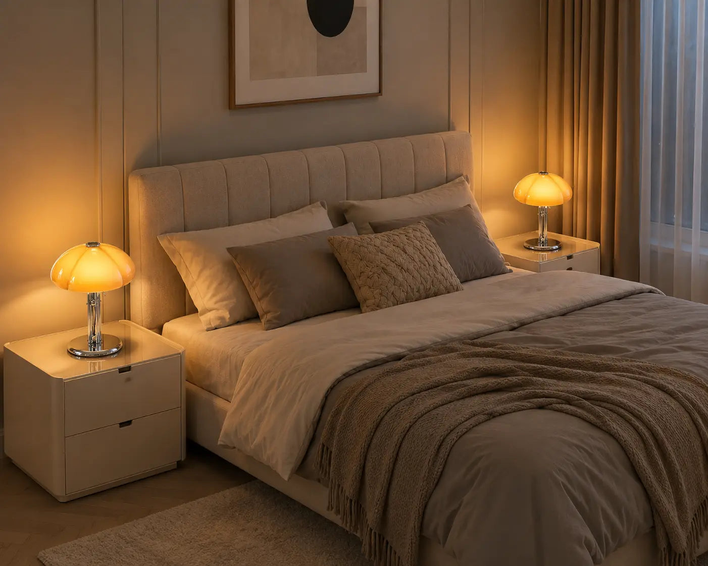 Deux lampes de chevet Mycéna posées sur les tables de nuit d'une chambre beige | Cocon de Lune