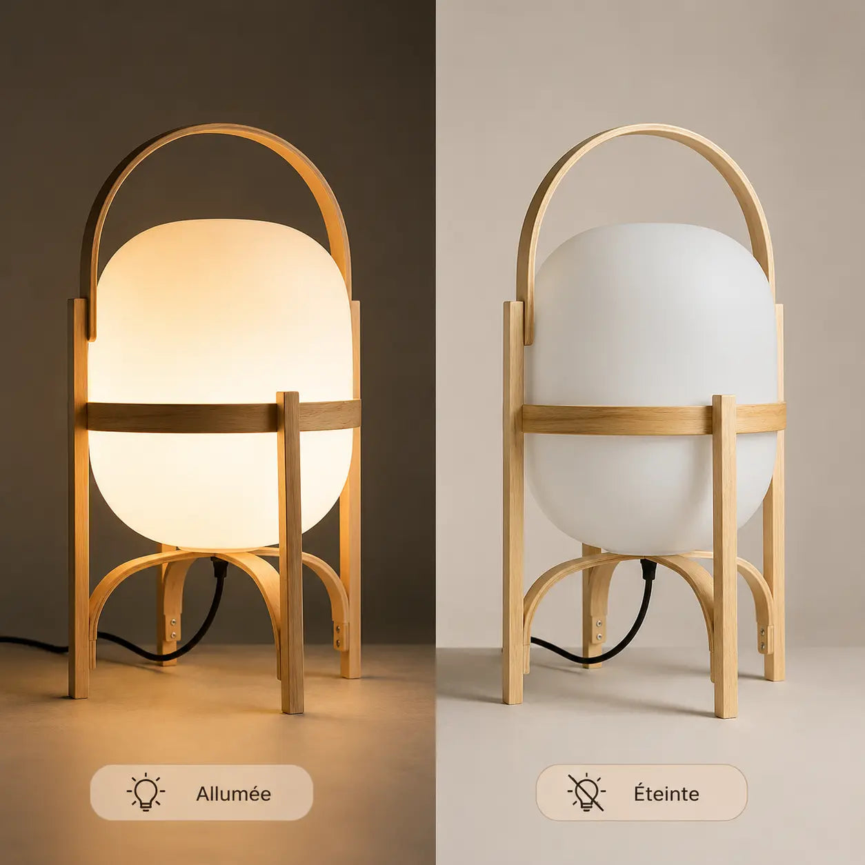 Lampe de chevet Osaka en bois naturel - comparaison allumée et éteinte