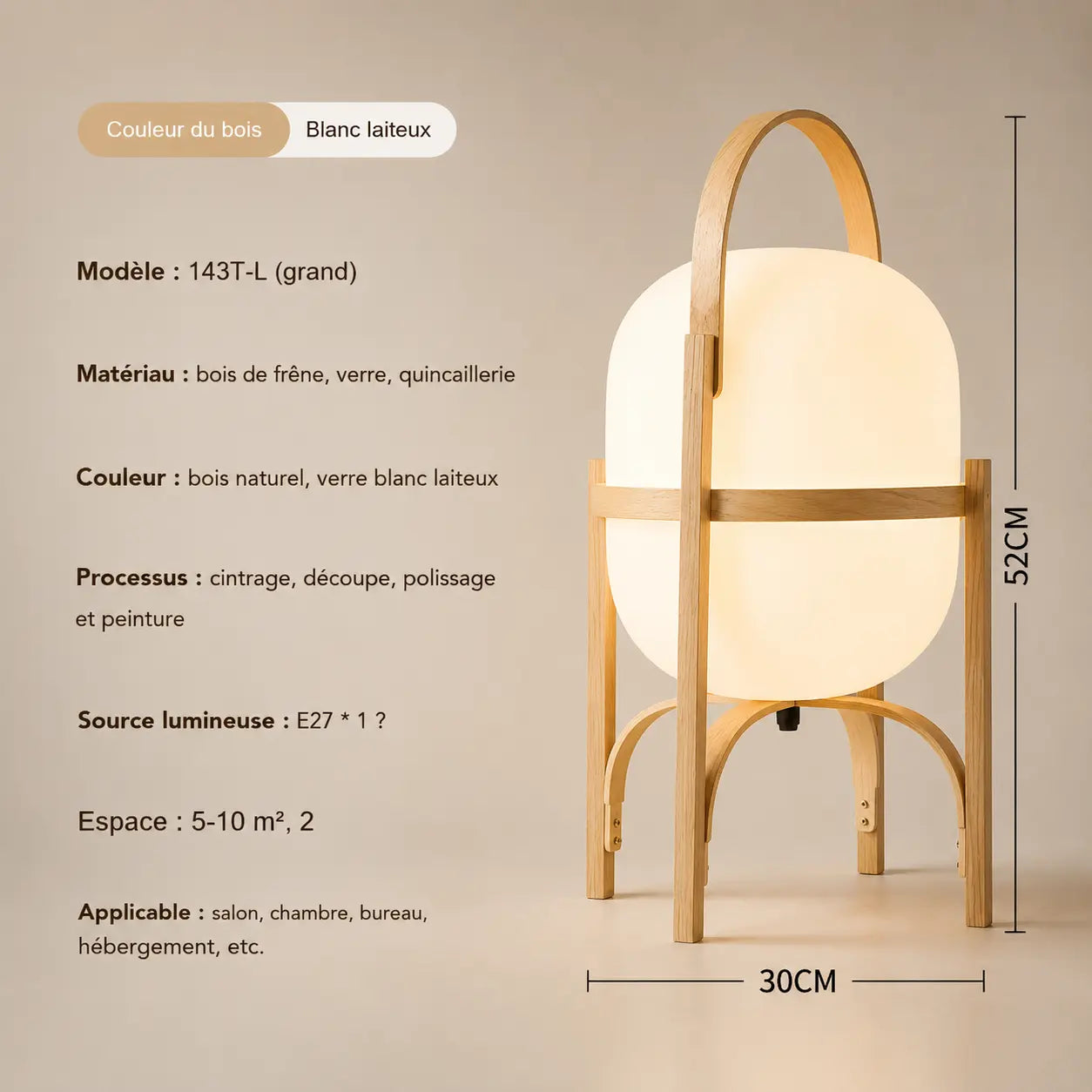 Lampe de chevet Osaka taille grande (30×52cm) coloris bois naturel - fiche technique