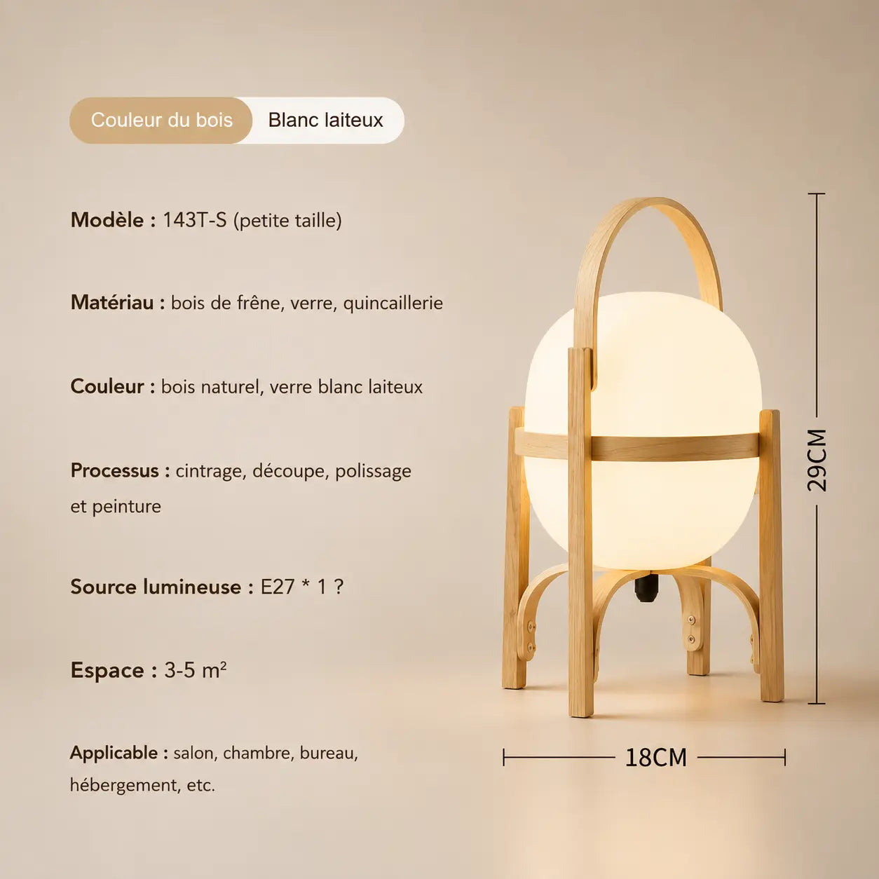 Lampe de chevet Osaka taille petite (18×29cm) coloris bois naturel - fiche technique
