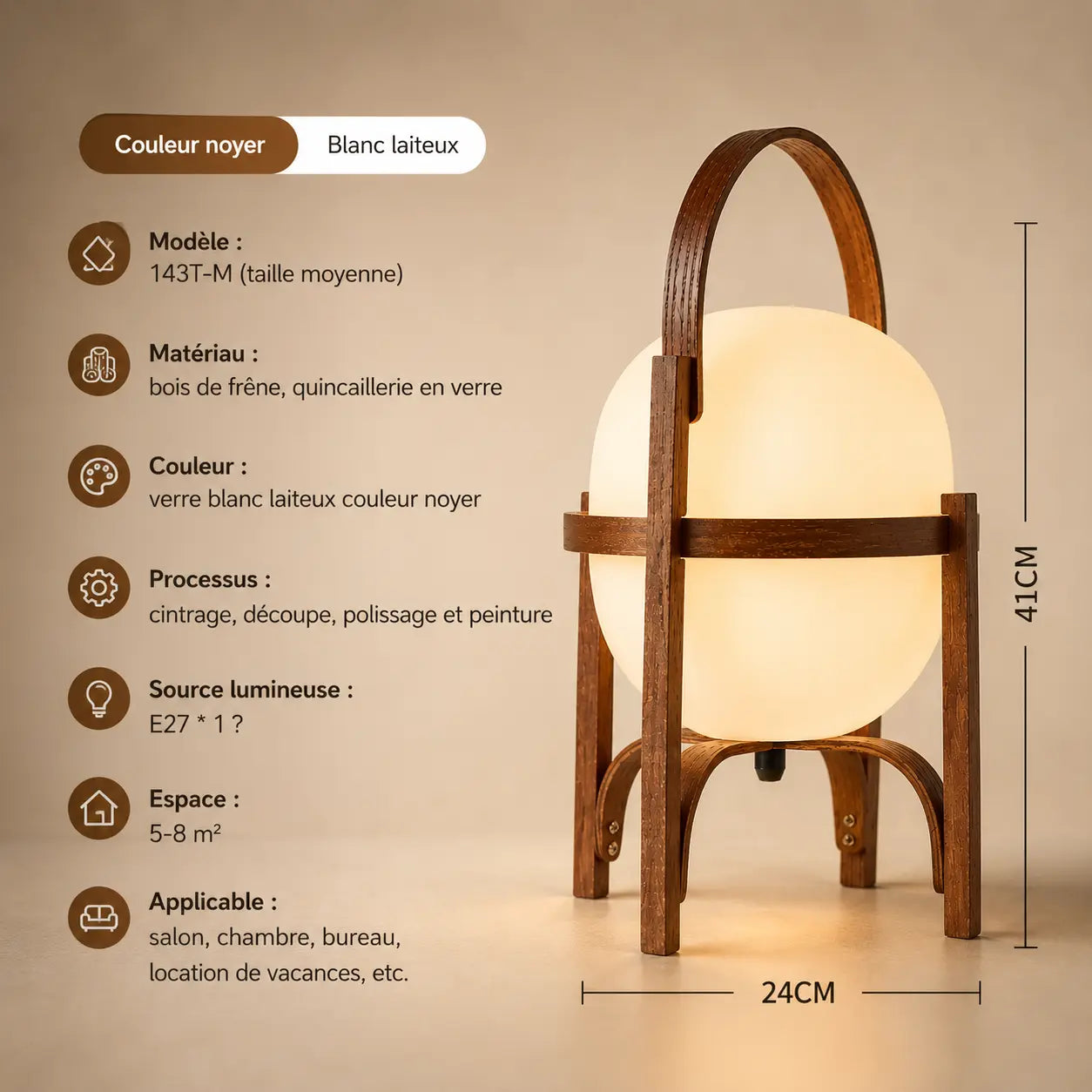 Lampe de chevet Osaka taille moyenne (24×41cm) coloris noyer - fiche technique