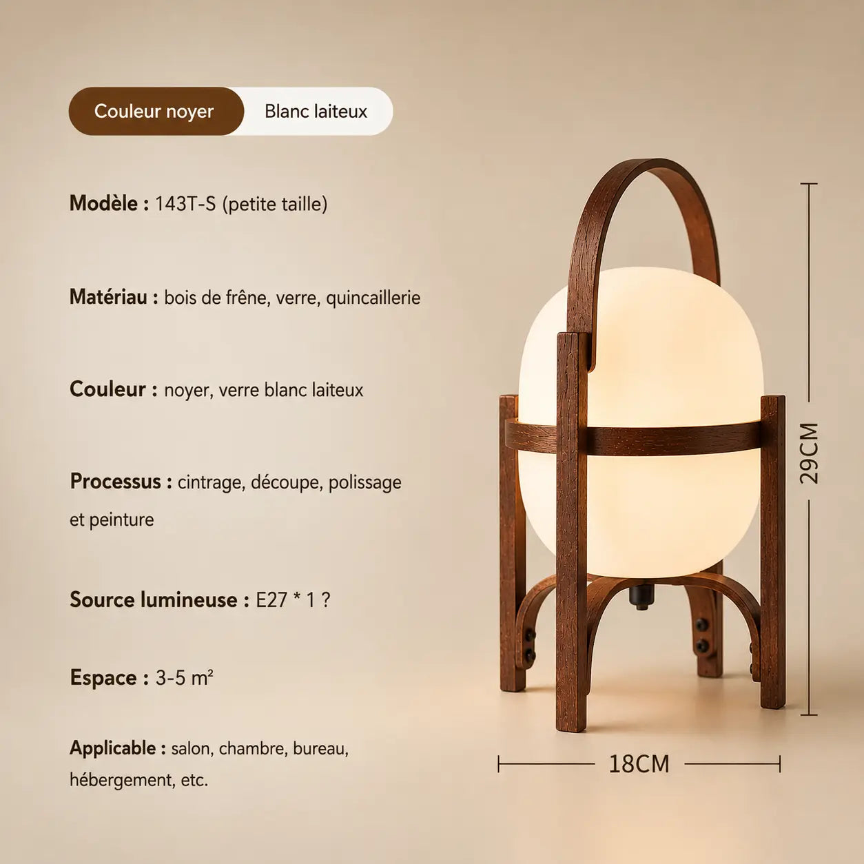 Lampe de chevet Osaka taille petite (18×29cm) coloris noyer - fiche technique