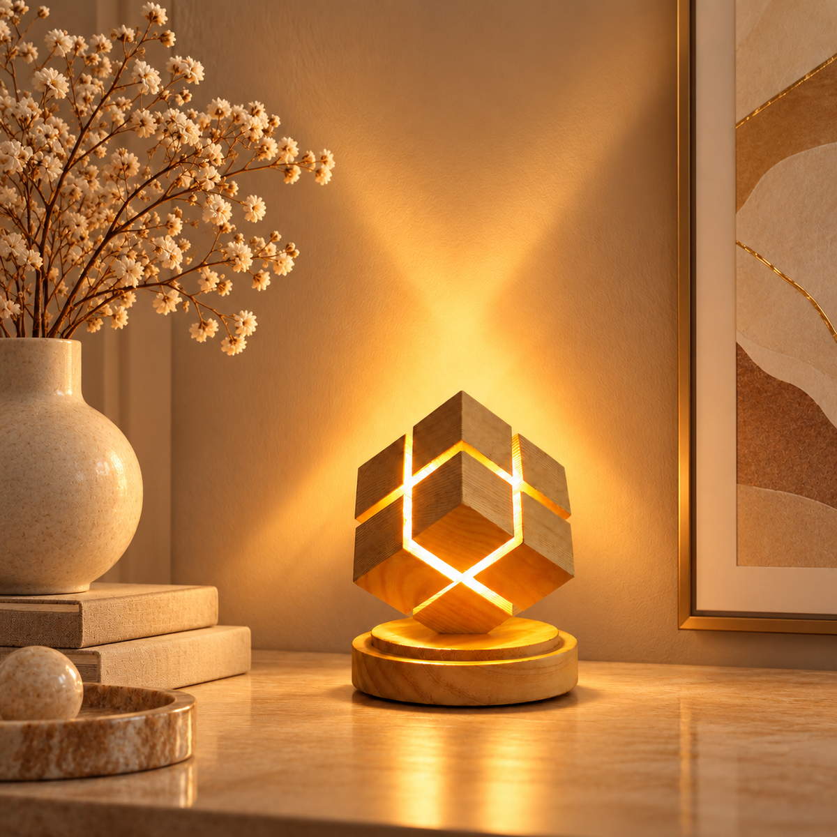 Lampe Cube en Bois Tactile - Kubo | Cocon de Lune - ambiance salon