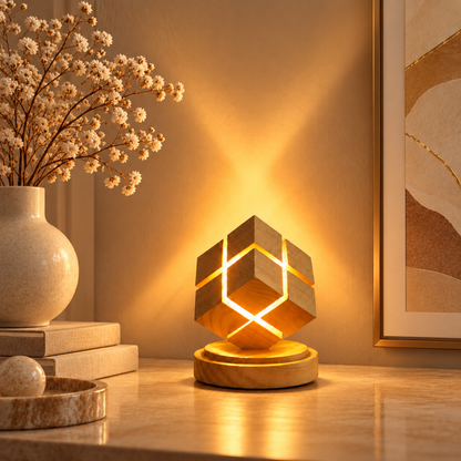 Lampe Cube en Bois Tactile - Kubo | Cocon de Lune - ambiance salon