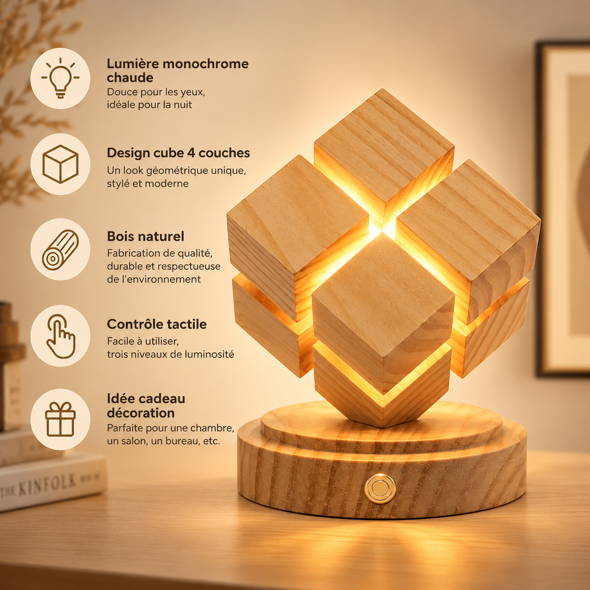 Lampe Cube en Bois Tactile - Kubo | Cocon de Lune - caractéristiques
