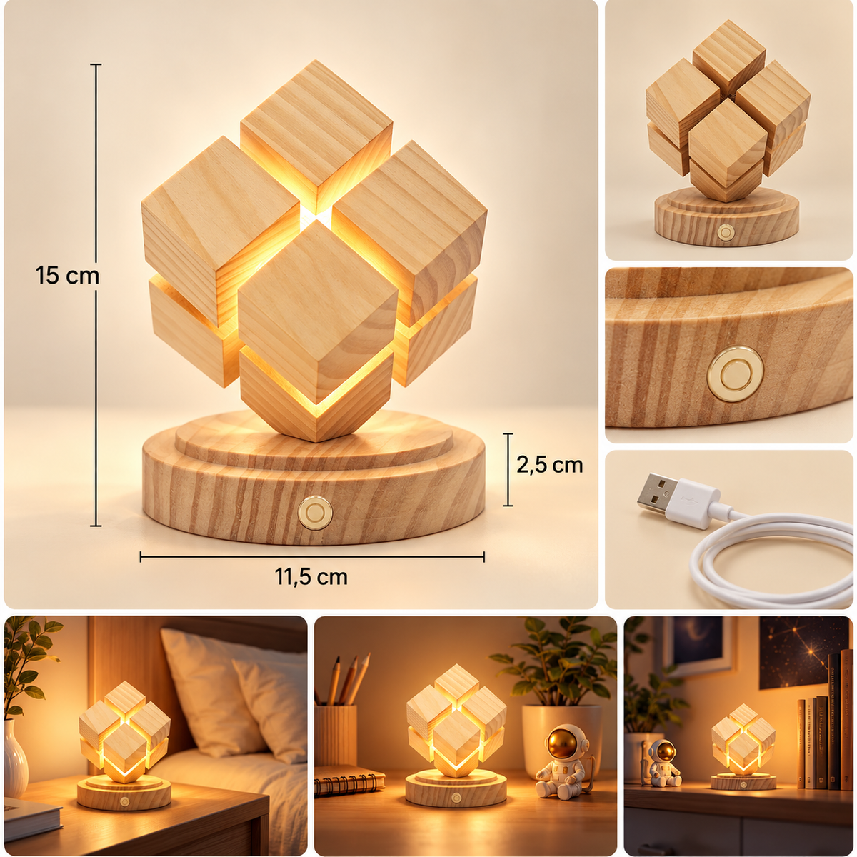 Lampe Cube en Bois Tactile - Kubo | Cocon de Lune - dimensions, bouton tactile, câble USB et mises en situation