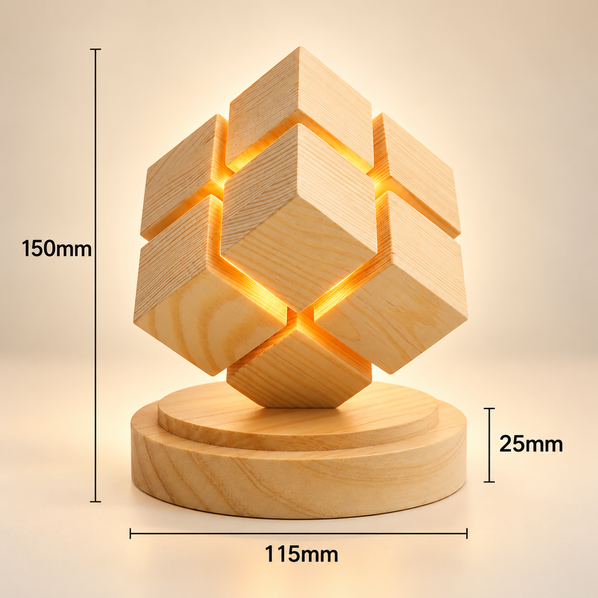 Lampe Cube en Bois Tactile - Kubo | Cocon de Lune - dimensions
