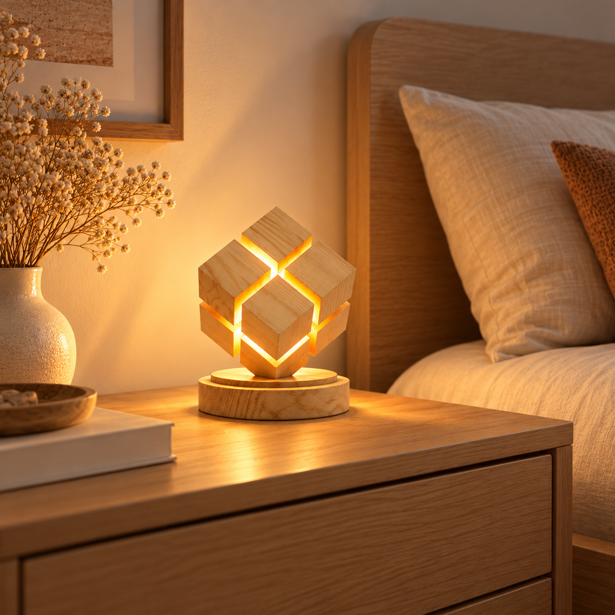 Lampe Cube en Bois Tactile - Kubo | Cocon de Lune - sur une table de chevet