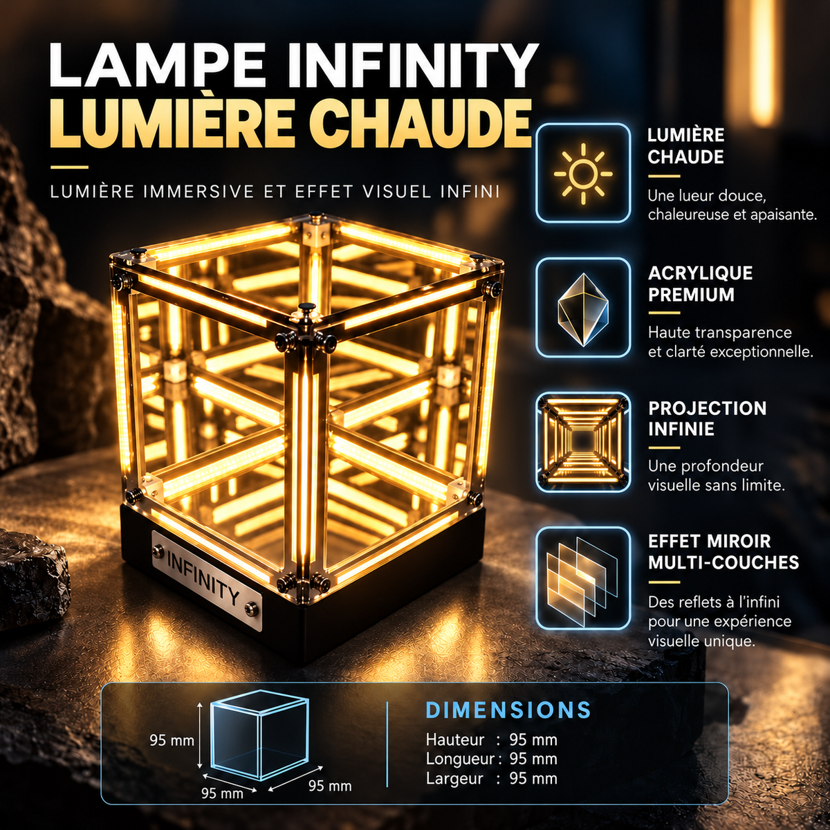 Lampe Cube Miroir Infini Rechargeable - Infinity | Cocon de Lune - Blanc chaud, caractéristiques et dimensions