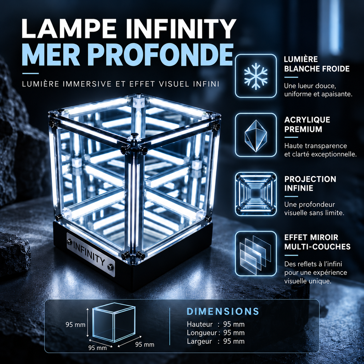 Lampe Cube Miroir Infini Rechargeable - Infinity | Cocon de Lune - Blanc froid, caractéristiques et dimensions