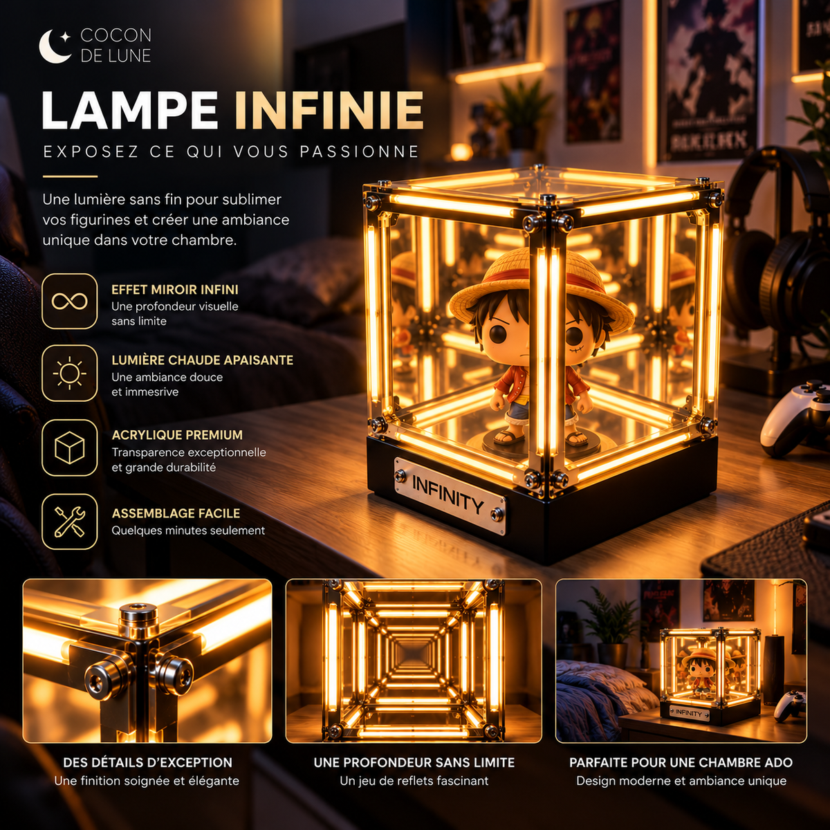 Lampe Cube Miroir Infini Rechargeable - Infinity | Cocon de Lune - avec une figurine à l'intérieur