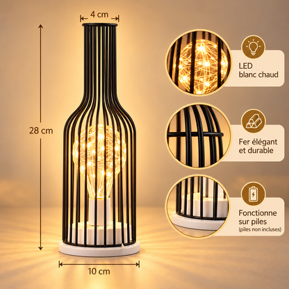 Dimensions de la lampe BlackSteel bouteille de vin : 28 cm de haut, goulot 4 cm, base 10 cm | Cocon de Lune