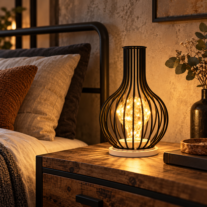 Lampe de chevet BlackSteel carafe posée sur une table de nuit en bois près d'un lit | Cocon de Lune