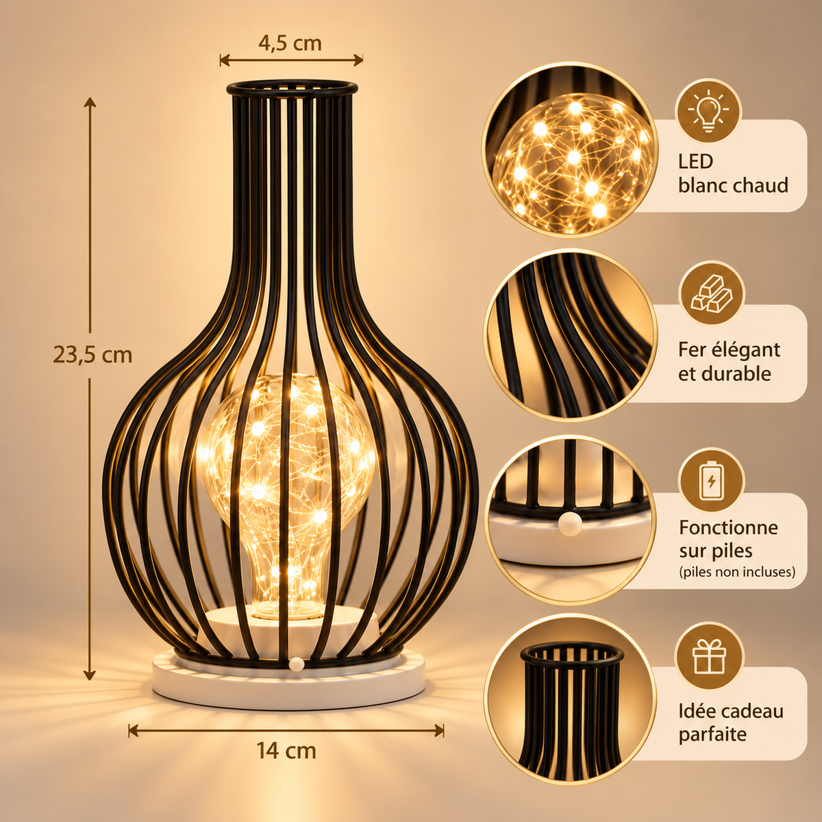 Dimensions de la lampe BlackSteel carafe : 23,5 cm de haut, goulot 4,5 cm, base 14 cm | Cocon de Lune