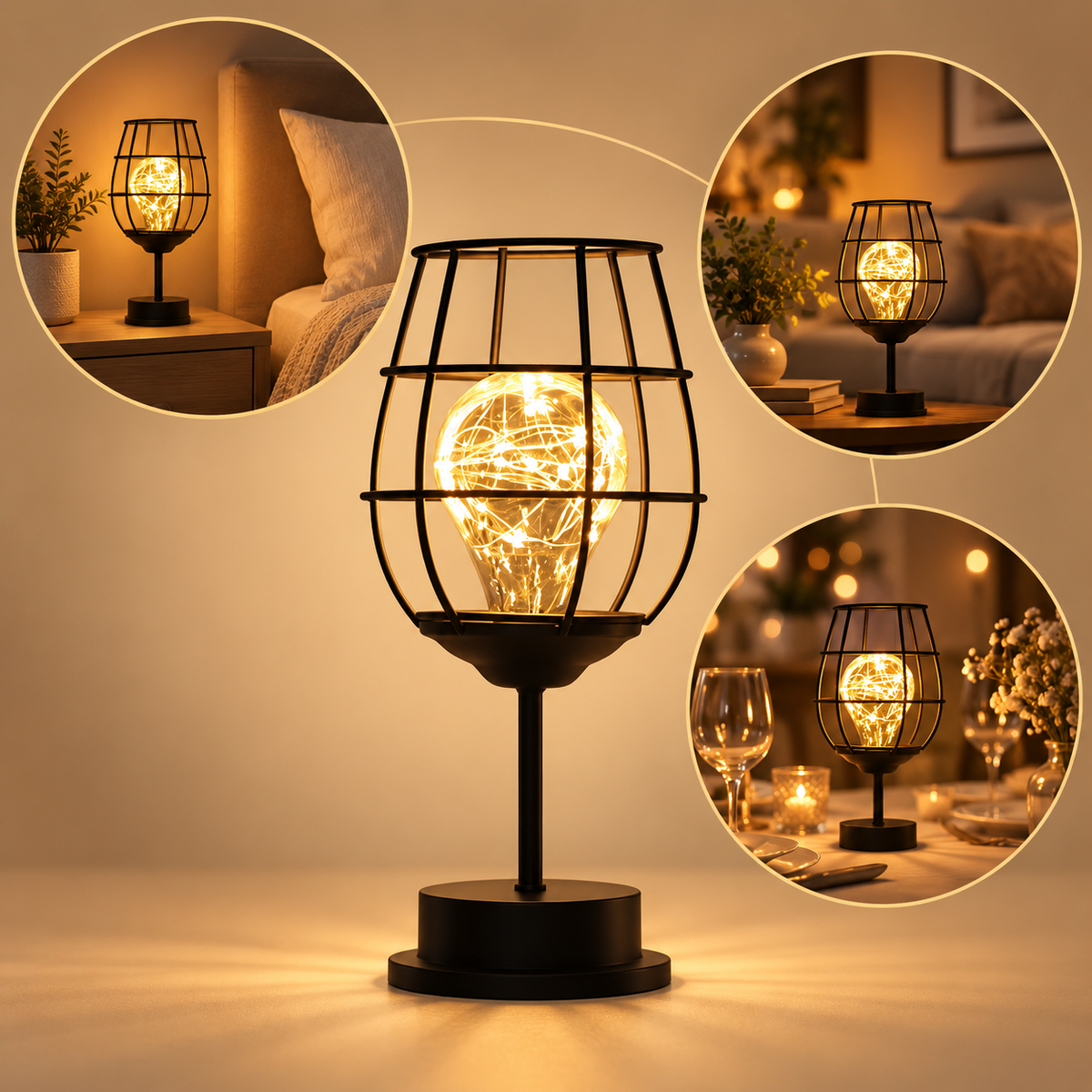 Lampe BlackSteel verre de vin en ambiance chambre, salon et table dressée | Cocon de Lune