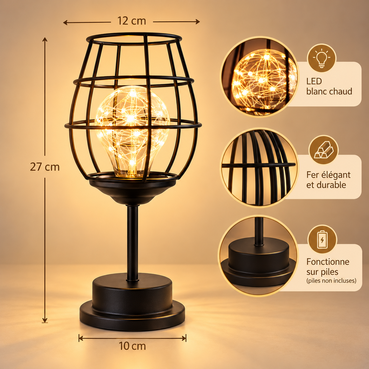 Dimensions de la lampe BlackSteel verre de vin : 27 cm de haut, 12 cm de large, base 10 cm | Cocon de Lune