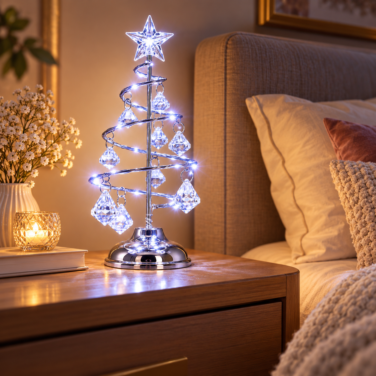 Sapin de Noël lumineux Petite Balade argent posé sur une table de nuit, lumière blanche | Cocon de Lune