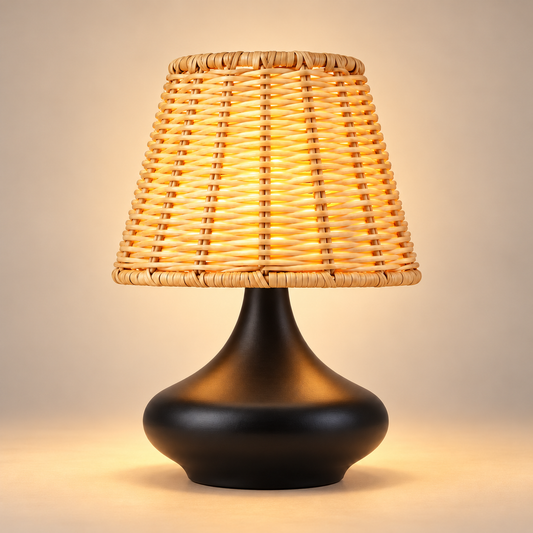 Lampe de Chevet Abat-jour Tressé Bohème - Fleur de Rotin | Cocon de Lune - Noir allumée