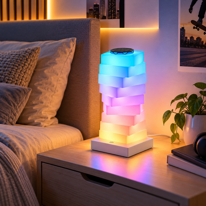 Lampe de Chevet Ado Tour de Blocs Lumineux - Pixel | Cocon de Lune - sur une table de chevet de chambre d'ado