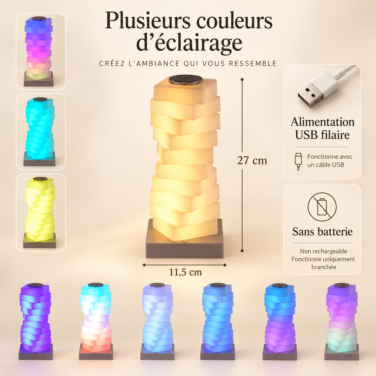 Lampe de Chevet Ado Tour de Blocs Lumineux - Pixel | Cocon de Lune - Filaire USB, dimensions et couleurs