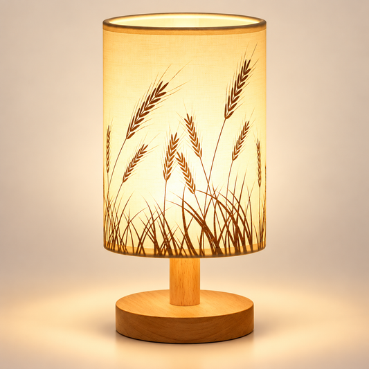 Lampe de Chevet en Bois et Lin USB - Feuille de Nuit - motif épis de blé allumée | Cocon de Lune