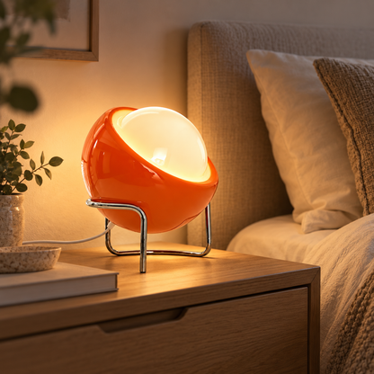 Lampe de chevet Orbe orange allumée sur une table de nuit | Cocon de Lune