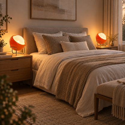 Deux lampes de chevet Orbe orange dans une chambre cocooning | Cocon de Lune