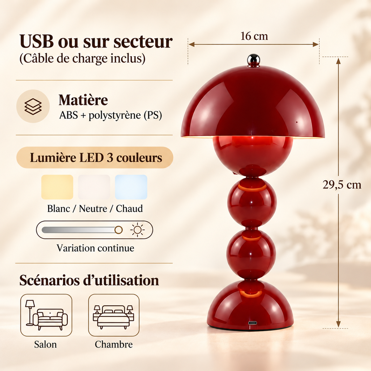 Lampe de Chevet Champignon à Boules - Nova | Cocon de Lune - dimensions et 3 teintes de lumière