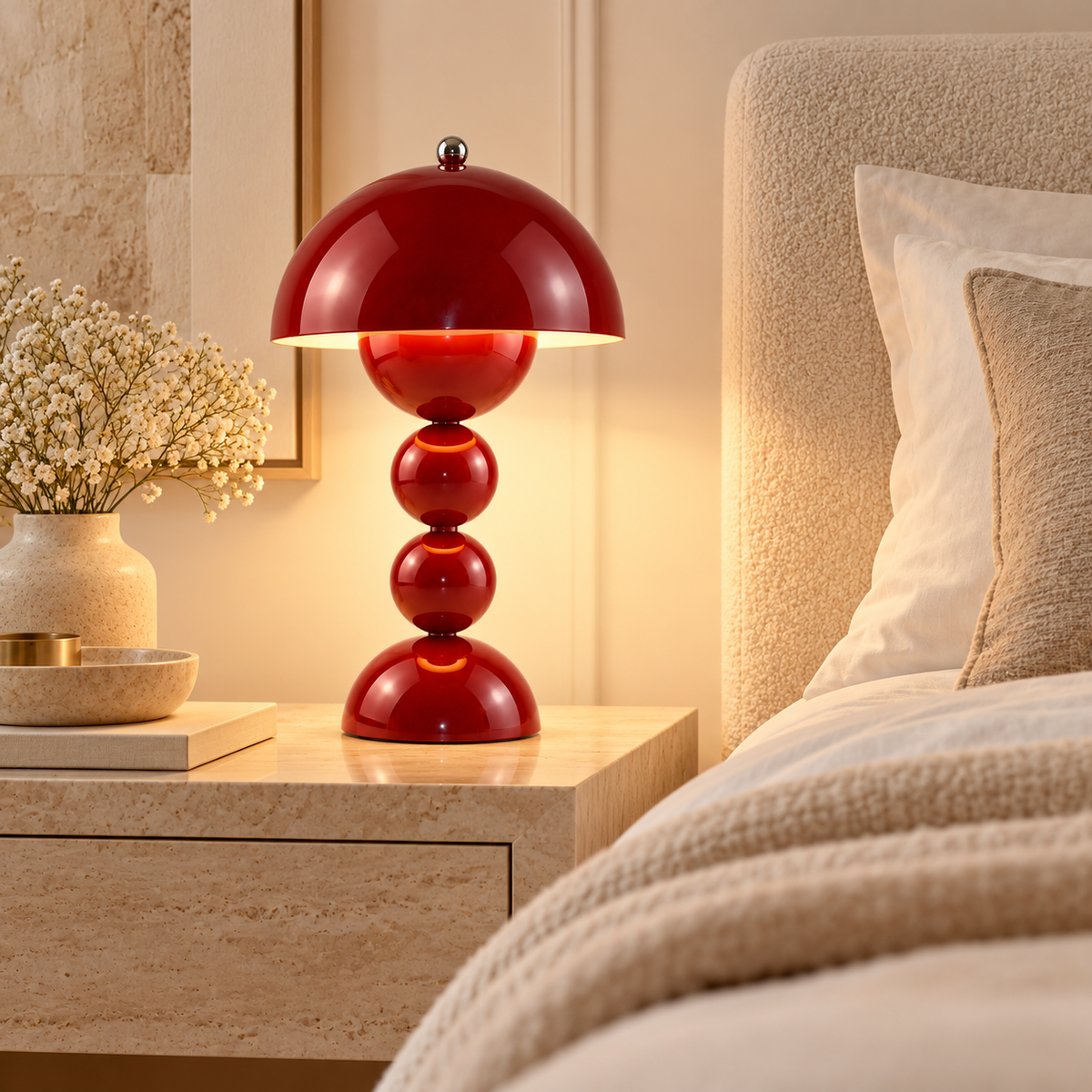 Lampe de Chevet Champignon à Boules - Nova | Cocon de Lune - Rouge Vin sur une table de nuit