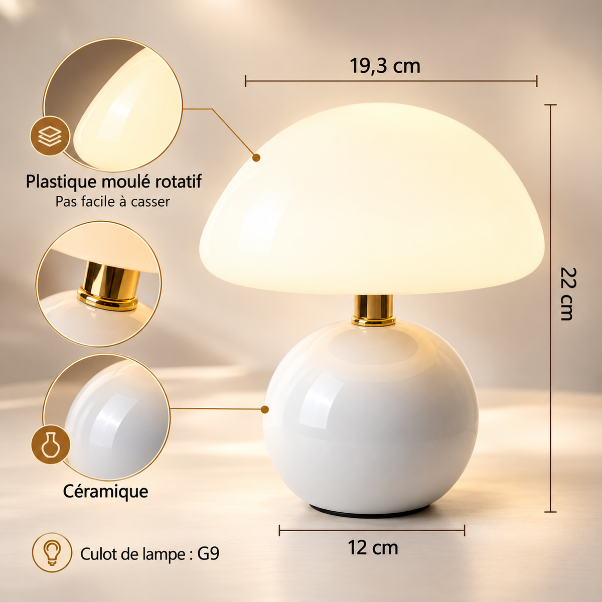 Lampe de Chevet Champignon en Céramique - PearlMush | Cocon de Lune - Blanc abat-jour plastique, dimensions
