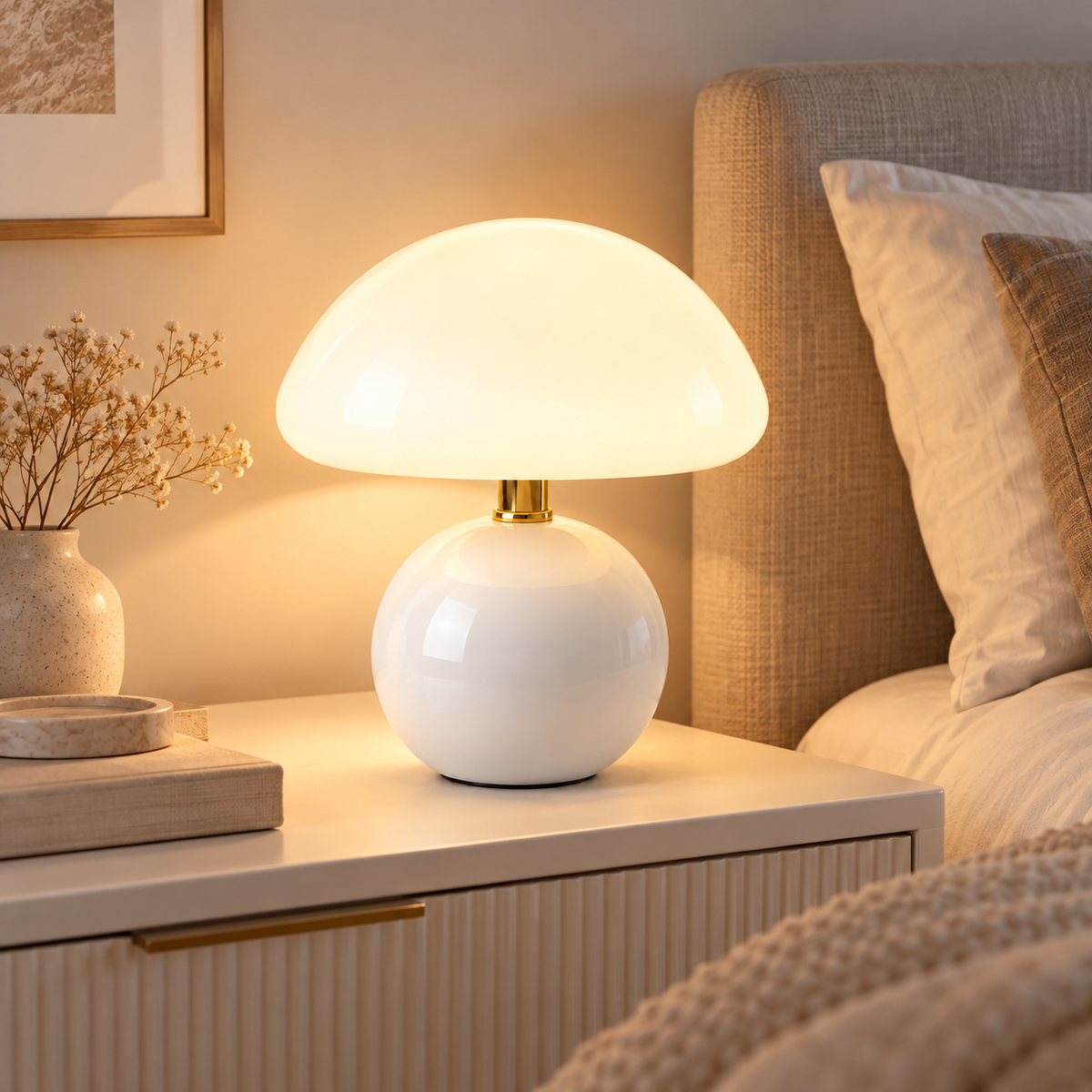 Lampe de Chevet Champignon en Céramique - PearlMush | Cocon de Lune - Blanc sur une table de chevet