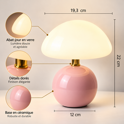 Lampe de Chevet Champignon en Céramique - PearlMush | Cocon de Lune - Rose abat-jour verre, dimensions