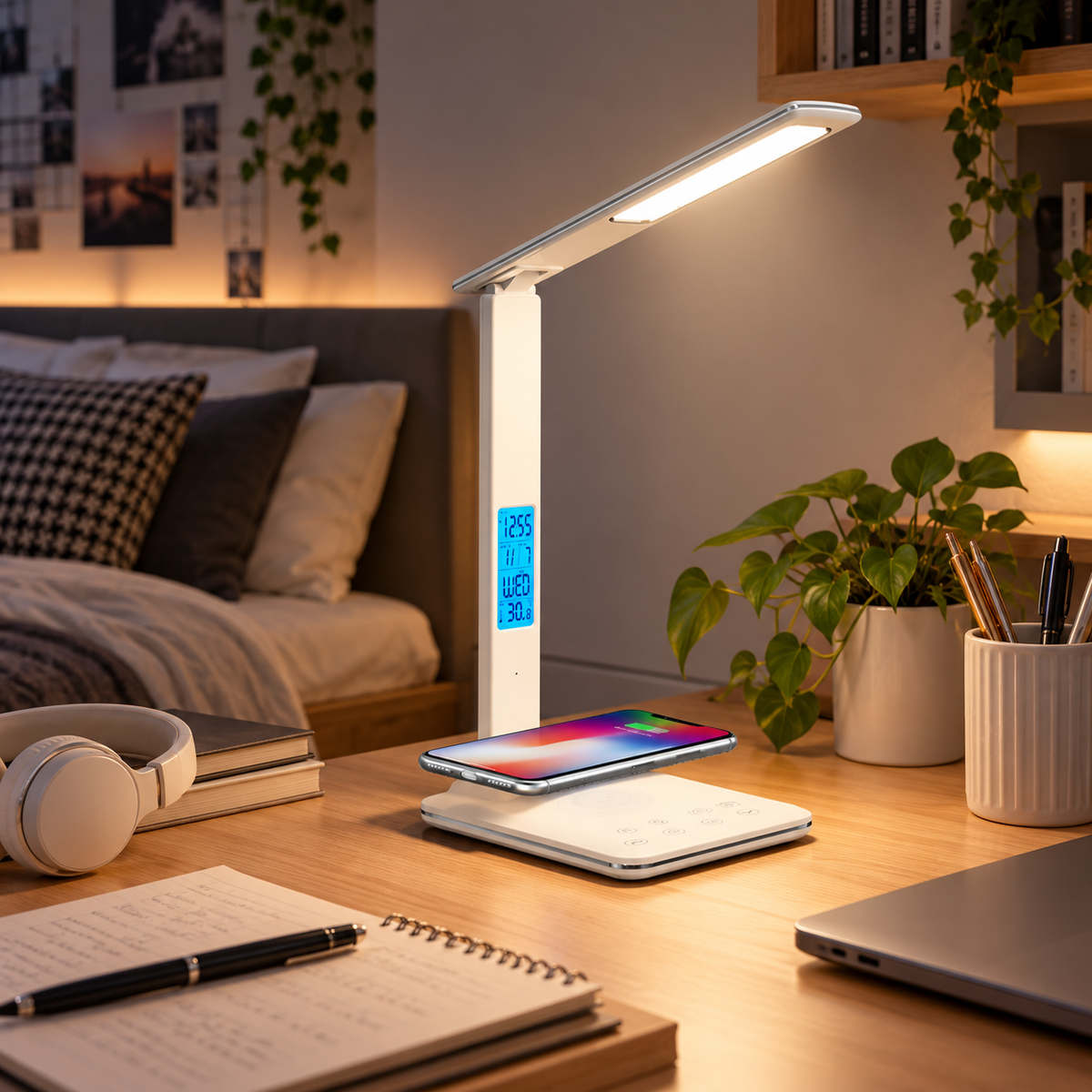Lampe de Chevet Chargeur Induction - Instant Lumière | Cocon de Lune - Smartphone en charge sur le socle