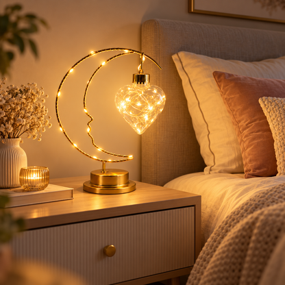Lampe de chevet Lumière d'Instant pendentif cœur posée sur une table de nuit près d'un lit | Cocon de Lune