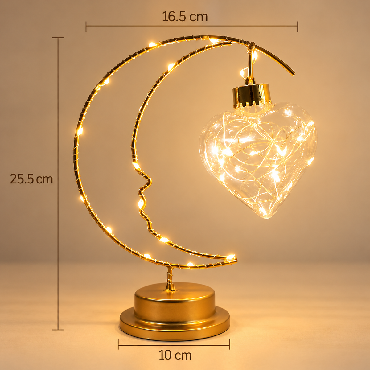 Dimensions de la lampe Lumière d'Instant pendentif cœur : 25,5 cm de haut, 16,5 cm de large, base 10 cm | Cocon de Lune