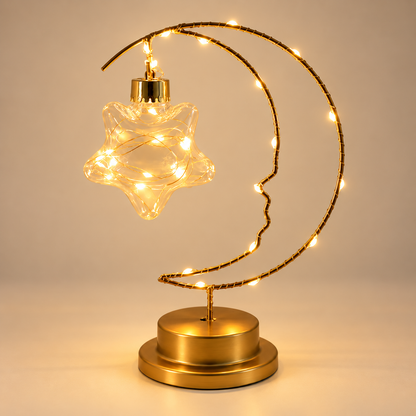 Lampe de chevet croissant de lune dorée Lumière d'Instant avec pendentif étoile en verre et guirlande LED | Cocon de Lune