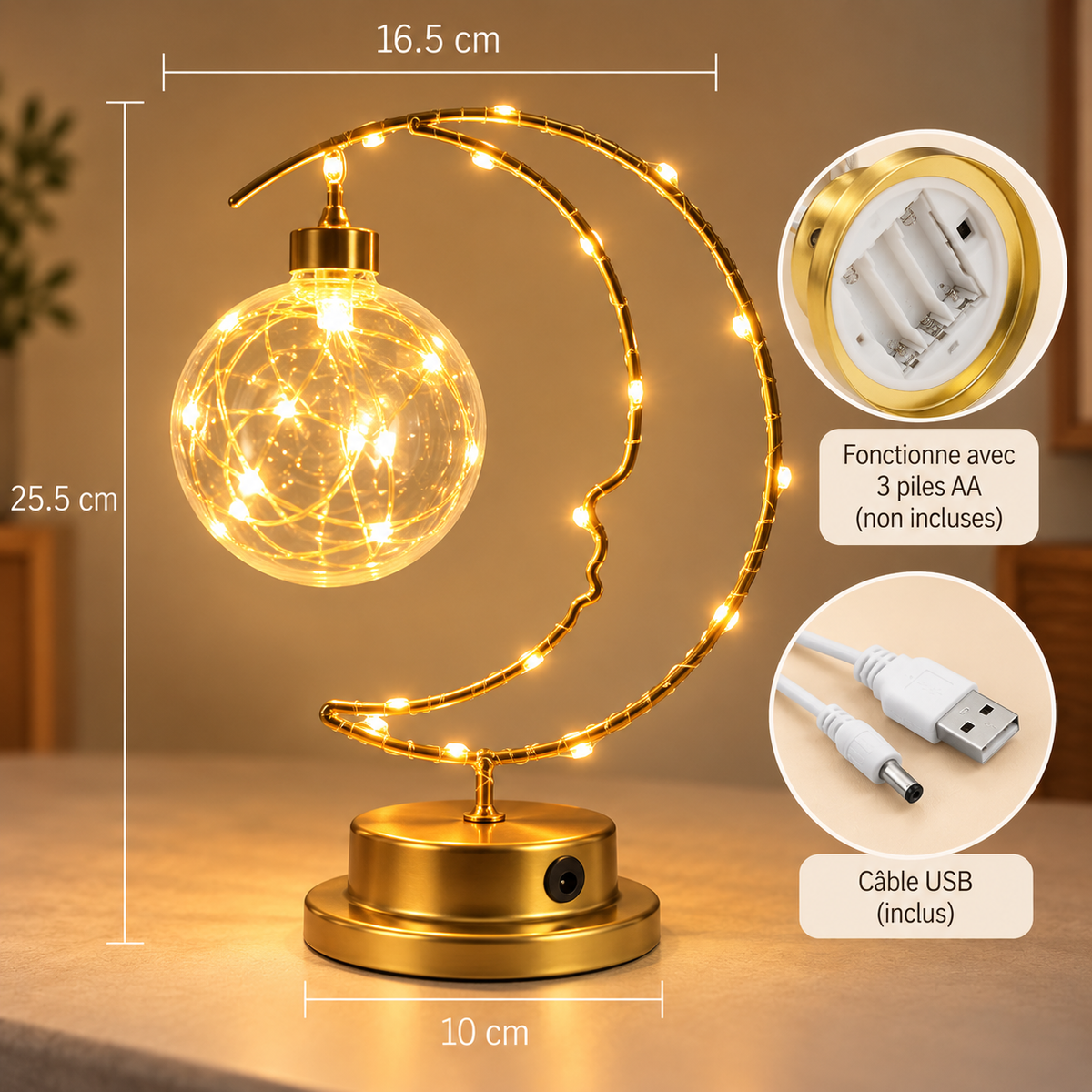 Lampe Lumière d'Instant : fonctionne avec 3 piles AA non incluses ou par câble USB inclus | Cocon de Lune