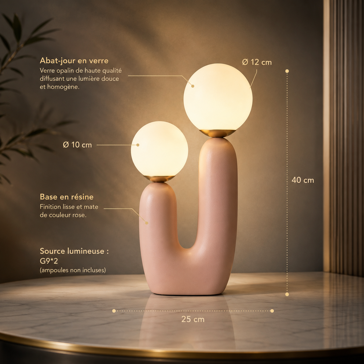 Lampe de chevet Duo de Lune Verre Rose, dimensions | Cocon de Lune