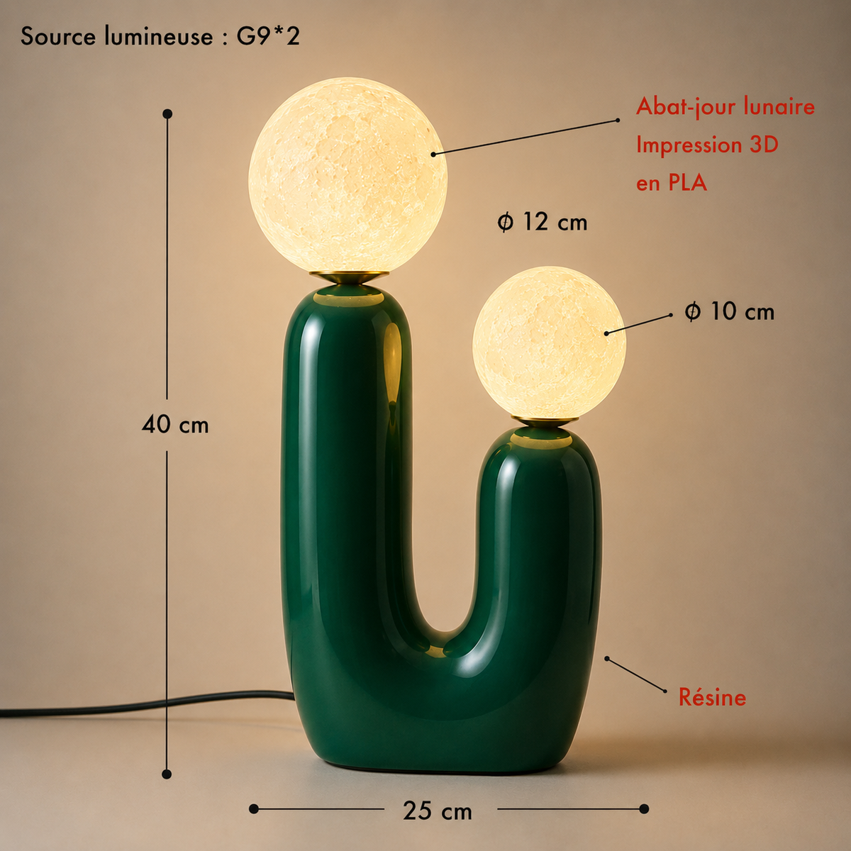 Lampe de chevet Duo de Lune Lune Vert, dimensions | Cocon de Lune
