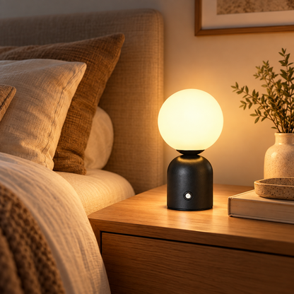 Lampe de Chevet Globe Rechargeable - Perle | Cocon de Lune - Noir, allumée sur une table de nuit en chêne près d'une tête de lit en lin
