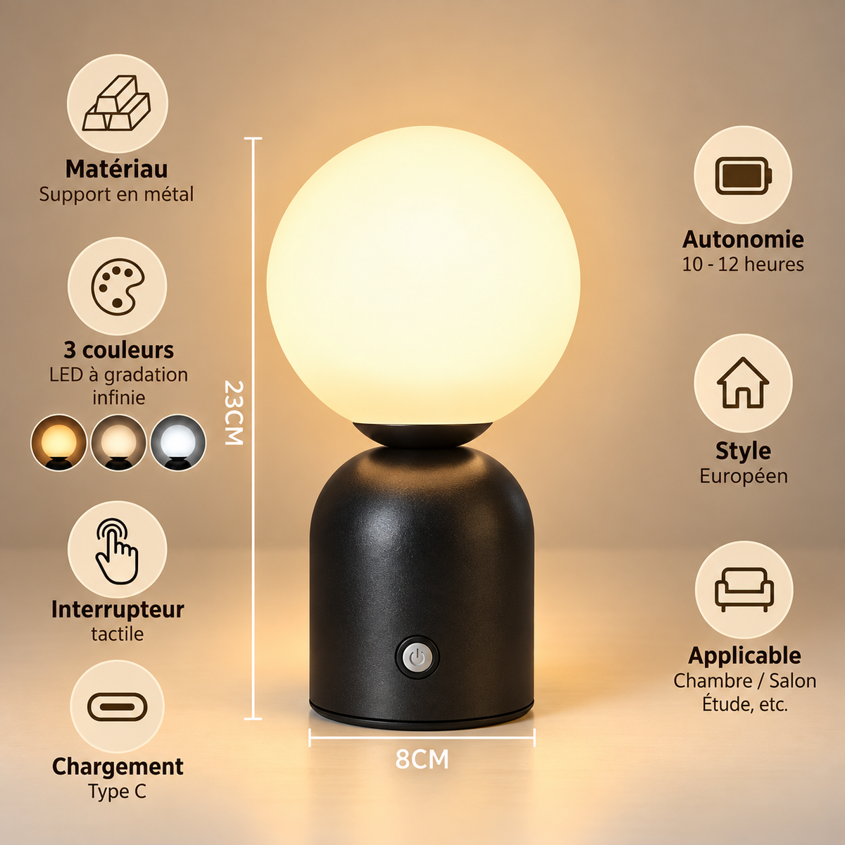 Lampe de Chevet Globe Rechargeable - Perle | Cocon de Lune - dimensions 23 cm de haut et 8 cm de large, autonomie 10 à 12 heures, 3 couleurs de lumière, interrupteur tactile et charge USB-C