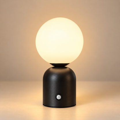 Lampe de Chevet Globe Rechargeable - Perle | Cocon de Lune - Noir, globe blanc lumineux sur socle en métal noir avec bouton tactile, allumée