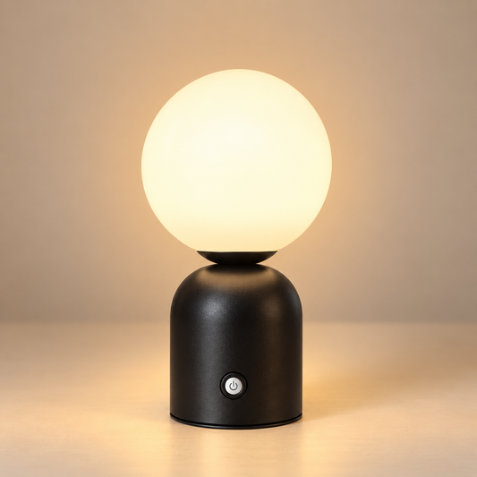 Lampe de Chevet Globe Rechargeable - Perle | Cocon de Lune - Noir, globe blanc lumineux sur socle en métal noir avec bouton tactile, allumée