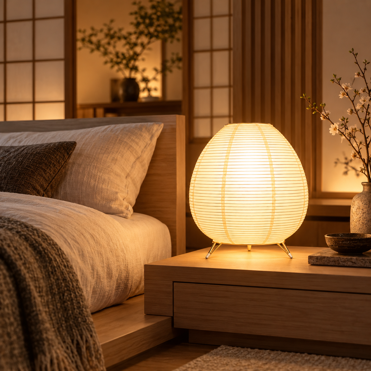 Lampe de Chevet Lanterne Ovale en Papier - Eclipsea | Cocon de Lune - allumée sur une table de chevet en bois clair, dans une chambre d'inspiration japonaise