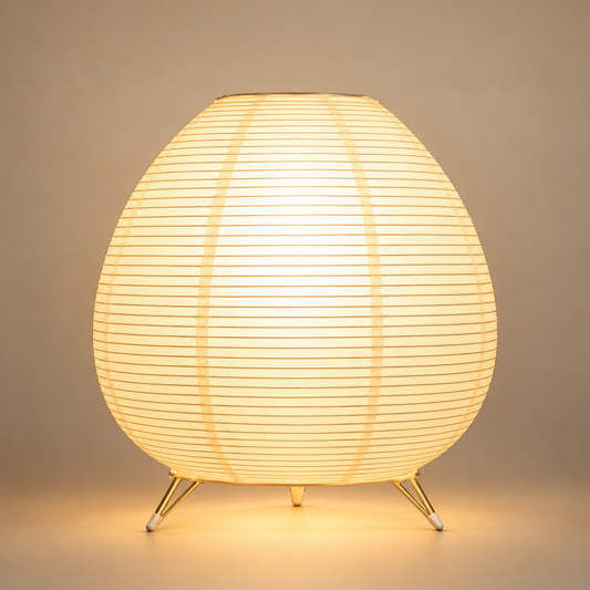 Lampe de Chevet Lanterne Ovale en Papier - Eclipsea | Cocon de Lune - allumée sur fond neutre, abat-jour ovale en papier à fines lattes et trois pieds dorés