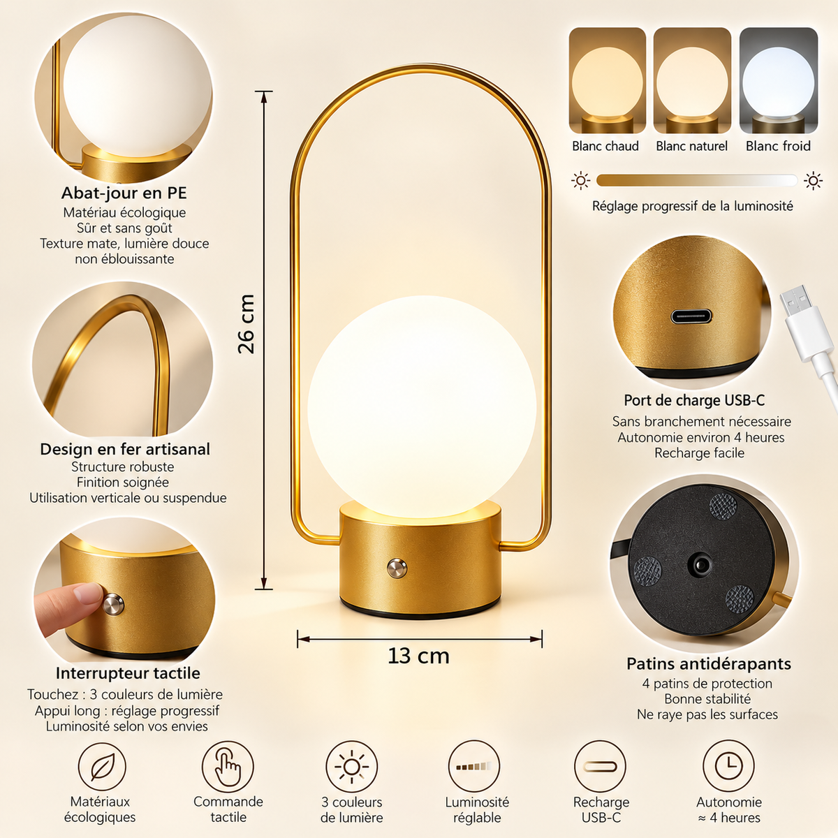 Lampe de Chevet Lanterne à Poignée Rechargeable - OldSteel | Cocon de Lune - caractéristiques et dimensions