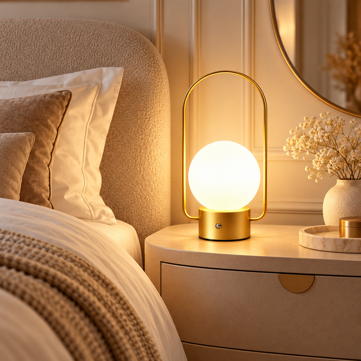 Lampe de Chevet Lanterne à Poignée Rechargeable - OldSteel | Cocon de Lune - Or sur une table de chevet