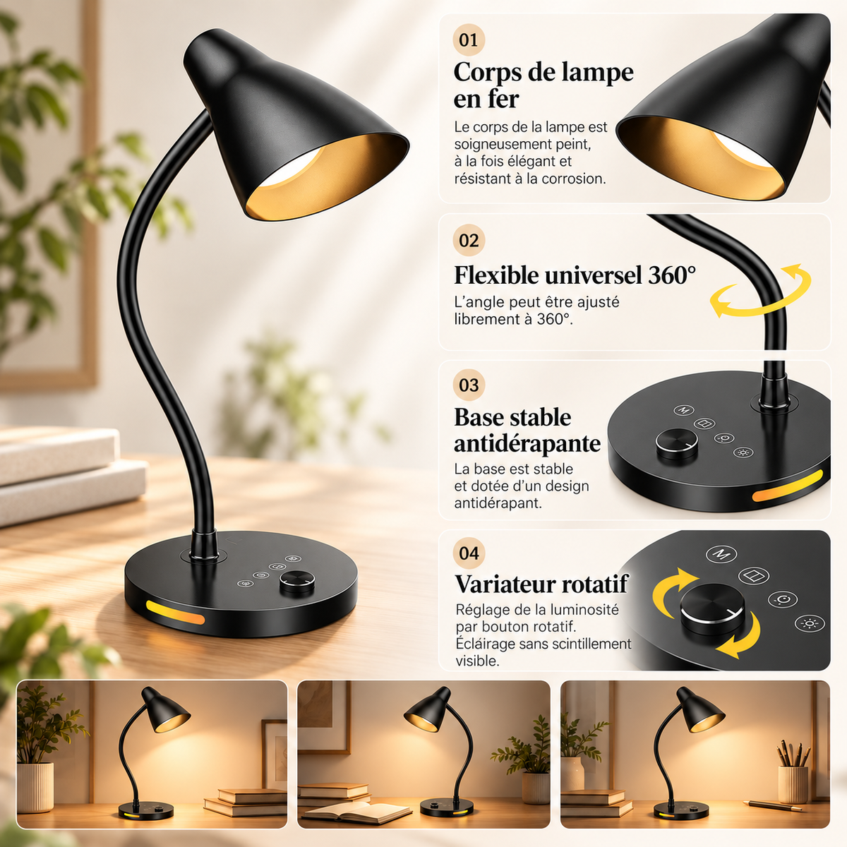 Lampe de Chevet Liseuse à Poser ou à Pince - Sora | Cocon de Lune - Col flexible et variateur rotatif