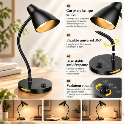 Lampe de Chevet Liseuse à Poser ou à Pince - Sora | Cocon de Lune - Col flexible et variateur rotatif